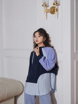 

2020 Fashionable Loose Contrast Color All-Match O-Neck Fake Two-Piece Pullover Sweatshirt New Korean Style Women'S Clothing