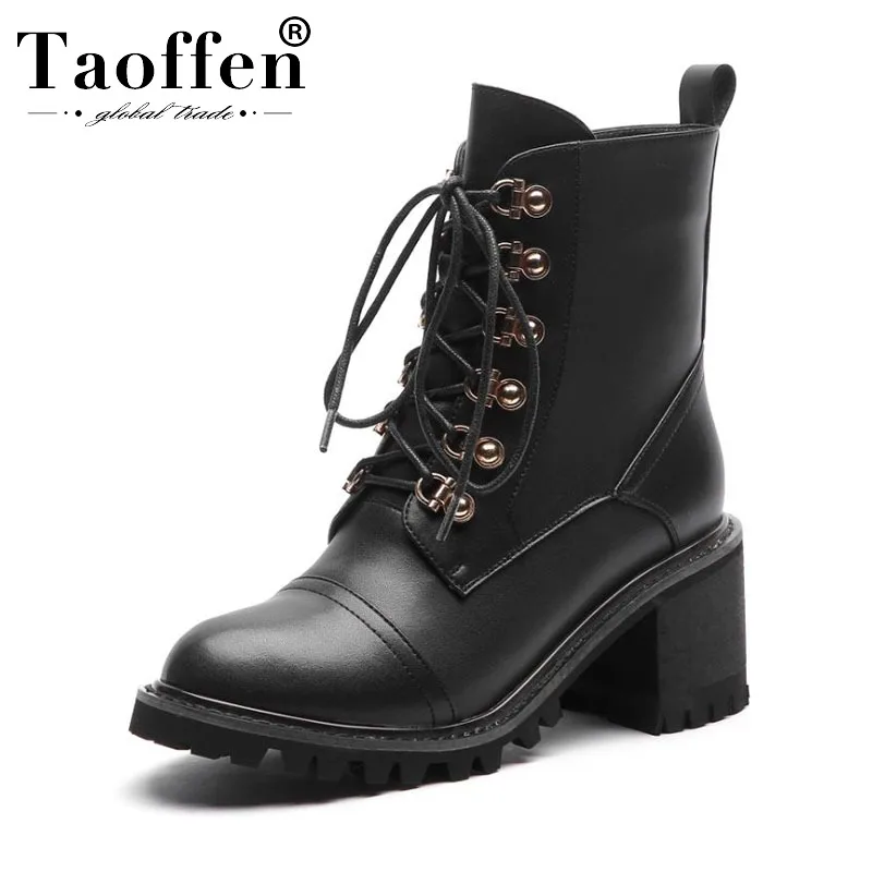 

Taoffen Women Genuine Leather Chunky Heels Ankle Boots Black Fashion Sexy Motorcycle Boots Shoes Woman Footwear Size 33-40