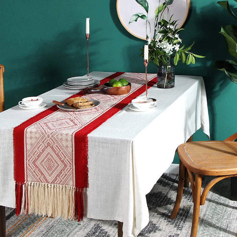 

DUNXDECO Table Runner Holiday Party Long Table Cover Fabric Modern Simple Nordic Style Red Brown Cotton Jacquard Warm Textile