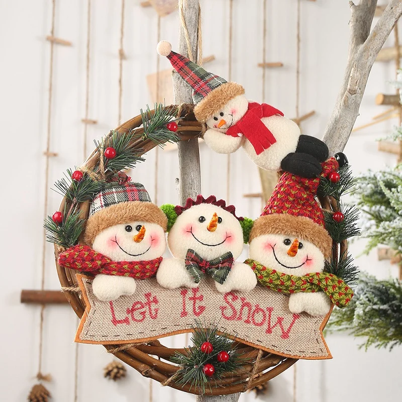 Christmas mini wreath doll flannelette rattan ring old man snowman elk hanging ornaments 2020 New Year Christmas tree decoration