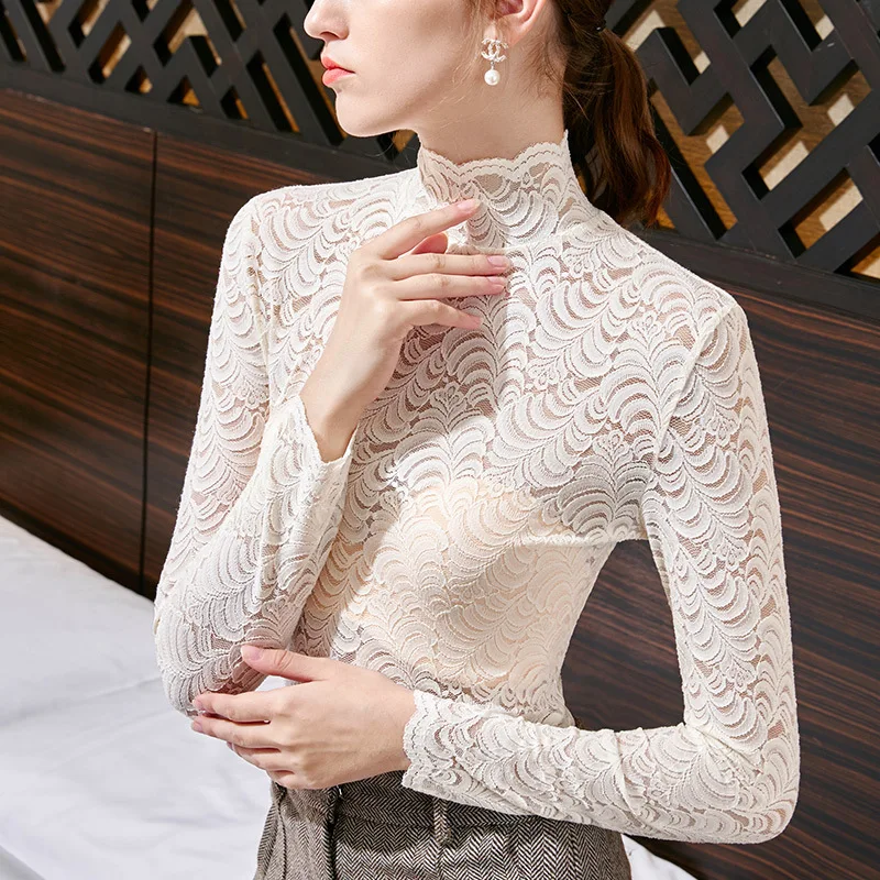 

Europe New Women Spring High Street Fashion Stand Collar Long Sleet Sexy Perspective T Shirt Tops Female Slim Hollow Out Tees