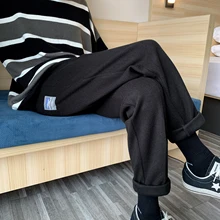 Осень и зима новая Корейская версия Свободные шерстяные брюки однотонные модные повседневные штаны черные/серые M-2XL