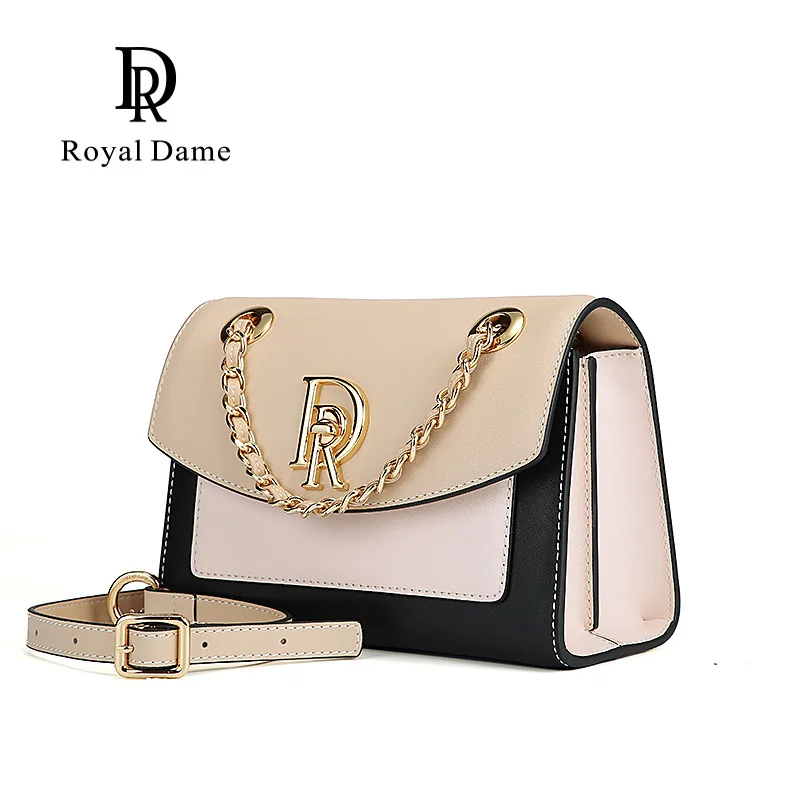 

Royaldame Genuine Leather Chain Square Sling Bag New Style Contrast Color Shoulder Bag Shoulder Cowhide Large-Volume WOMEN'S Bag