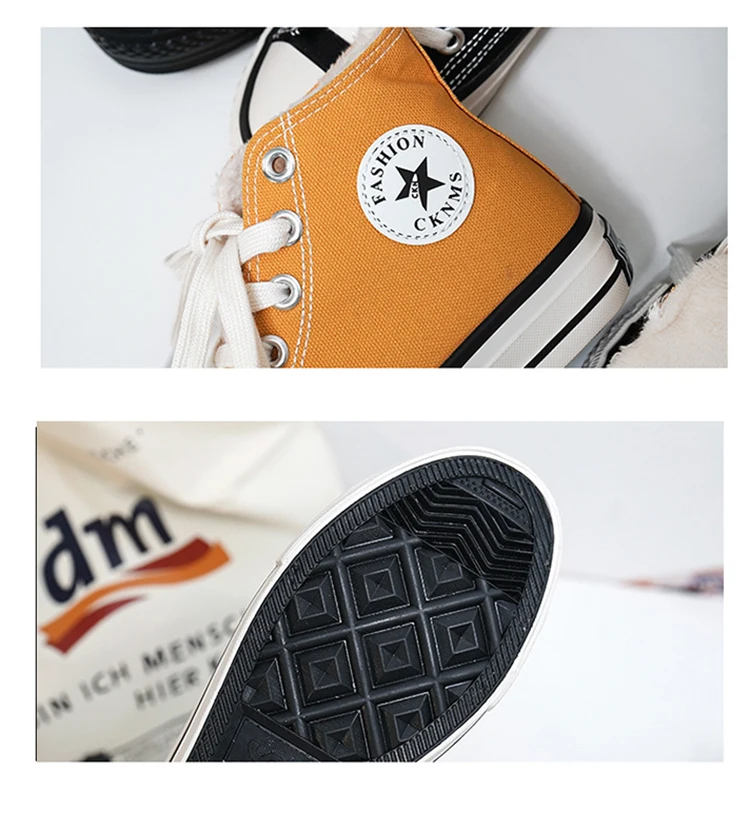 Парусиновая обувь с высоким берцем из хлопка и бархата г. Осенне-зимние новые стильные студенческие модные высокие кроссовки на шнуровке для влюбленных