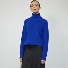 

Blue medium long high collar loose sweater fashion women pullover
