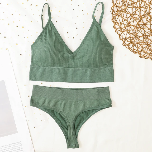 Women Bra And Panties Set Sports Bra Set Sexy G-String Seamless Bra Thong Sexy Lingerie Set Fitness Crop Top Underwear Intimates thong-green