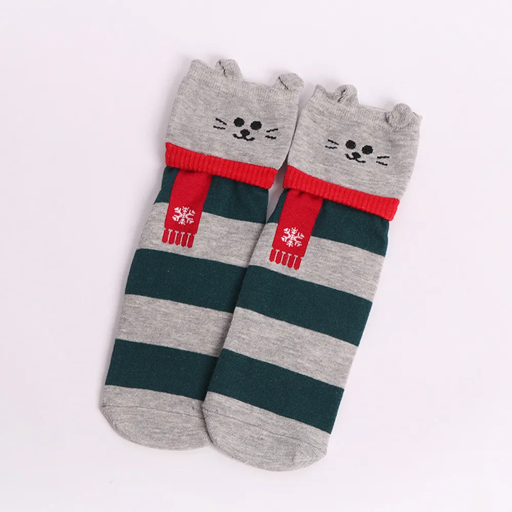 Green Gray Cat Новые женские носки в полоску с объемным рисунком животных из мультфильма kawaii с шарфом с милыми маленькими ушками, котом, медведем, пингвином, корги, собаками, Носки с рисунком «котята» - Цвет: Green Gray Cat