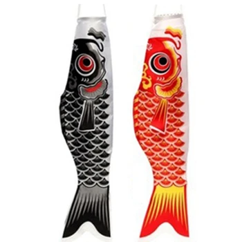 

2 Pcs Japanese Carp Windsock Streamer Fish Flag Kite Cartoon Fish Colorful Windsock Carp 100cm, Black & Red