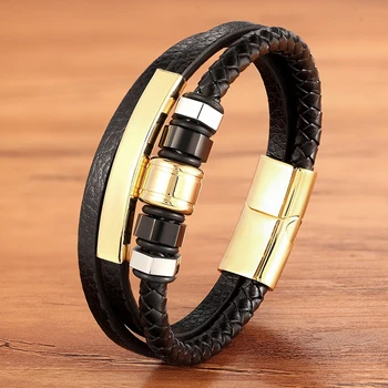 

Stainless Steel Accessories Multi-layer Hip Hop Rock Style Gold Color Men's Leather Bracelet New Year Gift