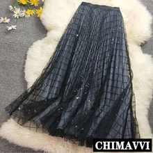 Блестящая сетчатая юбка с пайетками для девочек; Новинка; модная Женская весенне-летняя плиссированная юбка со стразами и высокой талией