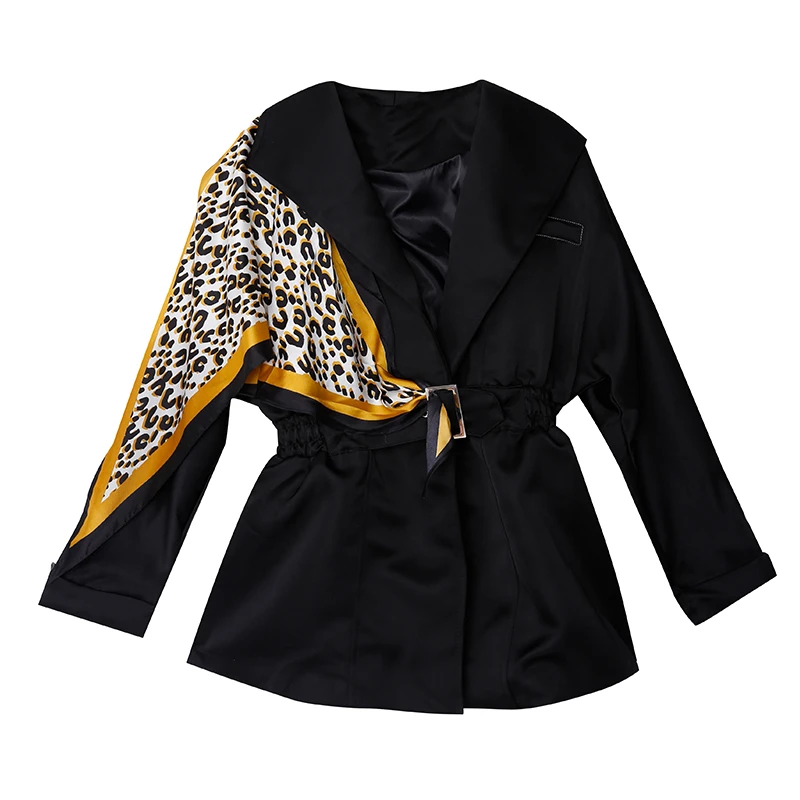 incredible  TWOTWINSTYLE Patchwork Leopard Women's Coats Lapel Collar Long Sleeve High Waist With Sashes Female