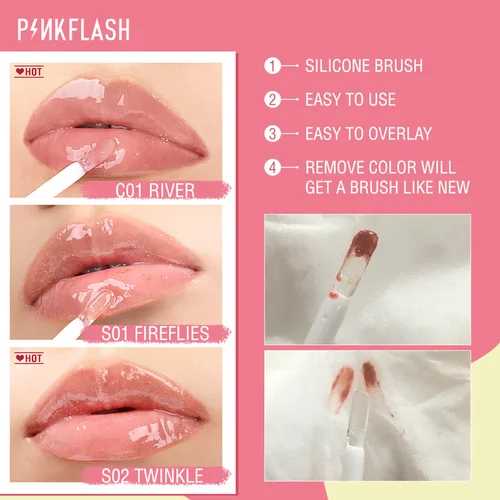 PINKFLASH 쉬머 리퀴드 립스틱, 방수, 오래 지속되는 모이스처라이징 립 글로스, 내추럴 샤인, 스무스 립 틴트, 메이크업 화장품 4