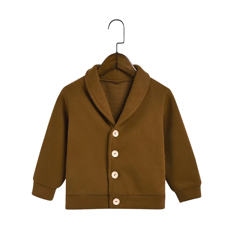 Осенне-зимнее пальто для малышей; куртка-плащ в Корейском стиле; плотная теплая куртка на подкладке; однотонная шерстяная бархатная одежда с отворотами для холодной погоды - Цвет: Коричневый
