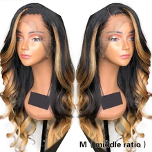 Ombre Blonde Highlight Lace Front Human Hair Wig 13X6 Remy Brazilian Wig Wavy Pre Plucked Lace Wig For Women M(middle ratio