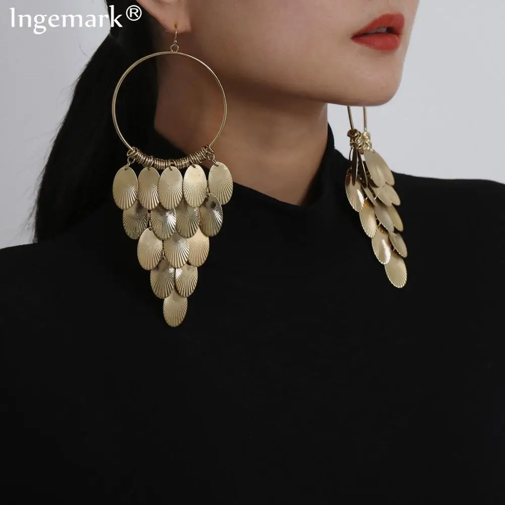 

Exaggerate Tassel Big Sequin Drop Earrings Indian Punk Circle Round Iron Feather Pendant Long Dangle Earring for Women Jewelry