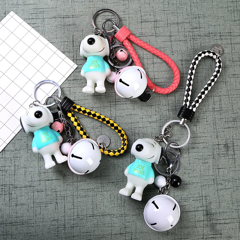 Snoopy Silicone Action& Toy Figures Doll Keychain Bell Leather Rope Cartoon Dog Snoopy Key Chain Ring Pendant Women Bag Pendant