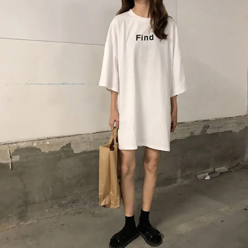 

2019 Summer Women's Round Neck Casual Letter Print Pattern Three Quarter Sleeve Length Broadcloth Fabric Loose Female T-Shirt