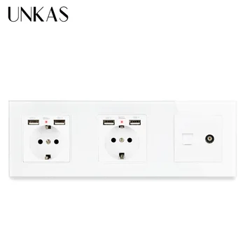 

UNKAS EU Standard Black Glass Panel Dual Socket With 4 USB Charging Port + RJ11 Telephone Female TV Connector Jack 258 * 86mm