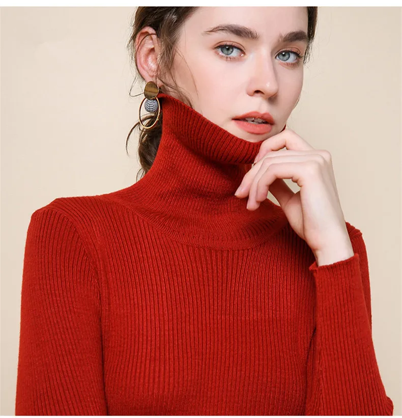 Hot Bright Red Осенний свитер женский офисный Женский вязаный водолазка 15 цветные пуловеры растягивающаяся женская зимняя одежда - Цвет: Hot Bright Red