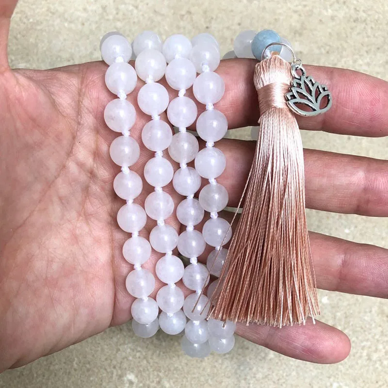 

Lotus ручное плетение кисточки 8 мм белый камень Boho 108 молитвенные бусины колье мала