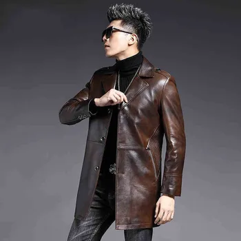 

Brand Genuine Leather Medium Long Jacket Men Vintage Lapel Sheepskin Coat Business Single Breasted Casual Windbreakers Plus Size