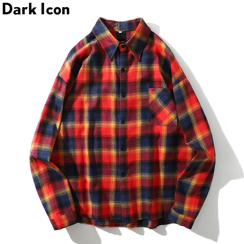 Koop Dark Icoon Turn Down Kraag Flanel Plaid Sihrt Mannen Mode Hip Hop Shirt 2019 Zomer Straat Lange Mouwen Shirts streetwear