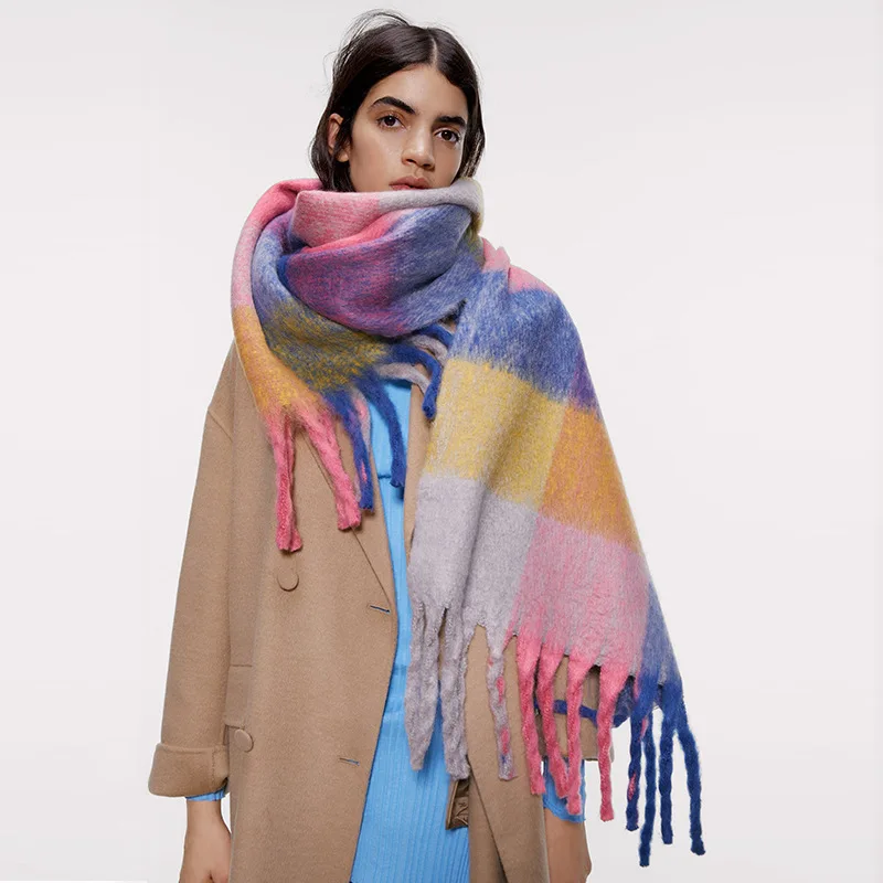 ZA модный клетчатый цветной шарф кашемировые теплые шарфы с кисточками женские Семейные шарфы высокого качества осень-зима