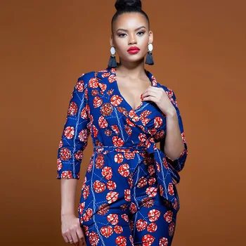 

369 Skinny Size Female Long Pants V Blue Turndown Lapel 3/4 Sleeve Playsuit M L XL 2XL 3XL Jumpsuit Wear Slim Young Lady One Set