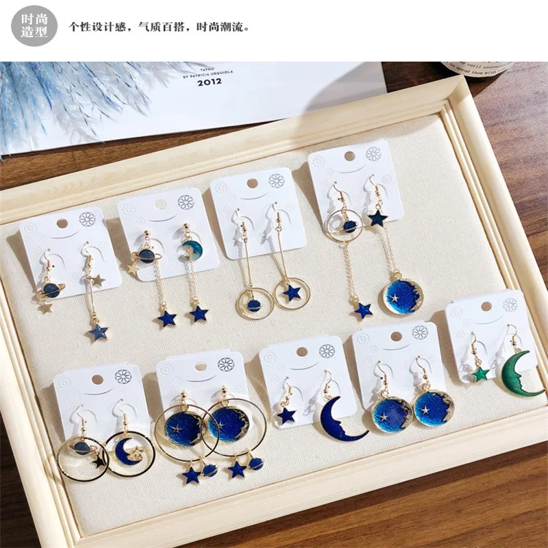 Women's Fashion Romantic Starry Sky Blue Stars Moon Long Pendant Earrings Golden Cosmic Planet Circle Asymmetric Women Jewelry |