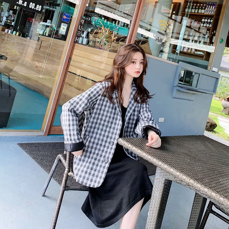 

CHIC Casual Plaid Suit Jacket Women's 2019 New Style Spring Korean-style Slim Fit Slimming Black And White Lattice Pattern Short