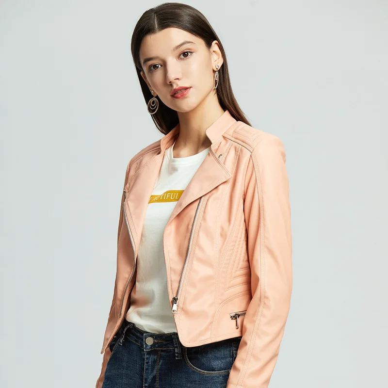 

Куртка женская короткая из искусственной кожи, на молнии, однотонная, облегающая, осень 6607