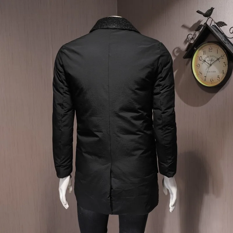 

Winter Mens Mid Long Parak Single Breasted Lapel Collar Business Man Casual Slim Fit Overcoat Black Warm Outwear Parkas Coat 4XL