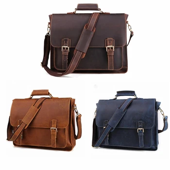 

Vintage Men's Business Briefcase multi-function genuine leather 15.6 inch laptop Portable Shoulder Messenger Bag