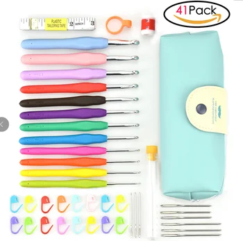 

41pcs set Crochet Hooks Ergonomic Soft Grip Handle Large-Eye Blunt Knitting Hooks Needles Kit with Case for Arthritic Hand