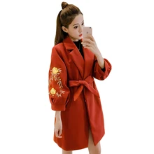 Женские пальто зима осень и зима вышивка длинное шерстяное пальто женщина корейский Тонкий фонарь рукав шерстяное пальто