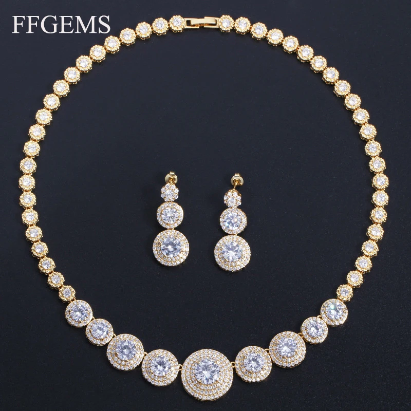 

FFGems Amethyest Sapphire Emerald Topaz Gemstone silver gold color Big Necklace/Earrings Brida wendding party Jewelry Sets