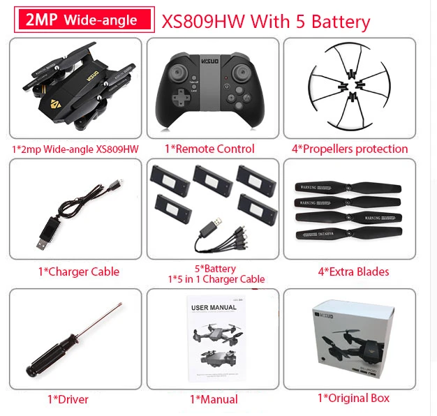 Visuo XS809W XS809HW Квадрокоптер мини складной селфи Дрон с Wi-Fi FPV 0.3MP/2MP камерой удержание высоты RC Дрон Vs JJRC H47 E58 - Цвет: Wide 200W X809HW 5B