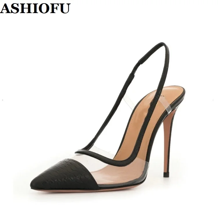 

ASHIOFU Handmade New High Heels Sandals PVC Leather Sexy Stiletto Dress Shoes Pointed-toe Daily Wear Fashion Sandals Black Shoes