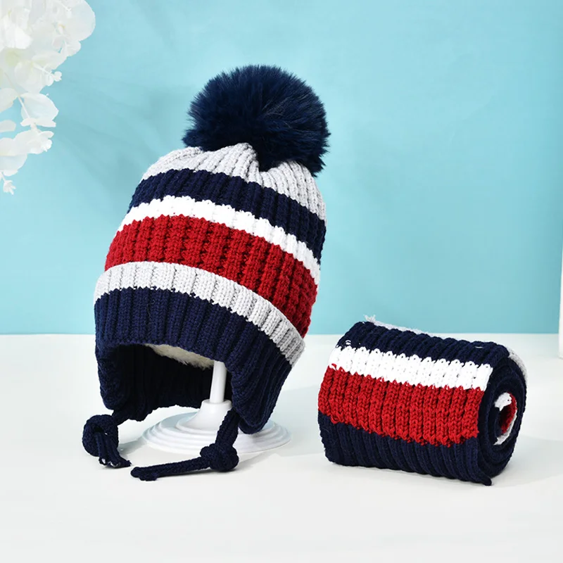 Girls Sweet Two Pieces Hat Scarf Set Cap Children's Hats Baby Boys Caps Fake Ball Pompon Keep Warm Winter Knitted Skullies Kids
