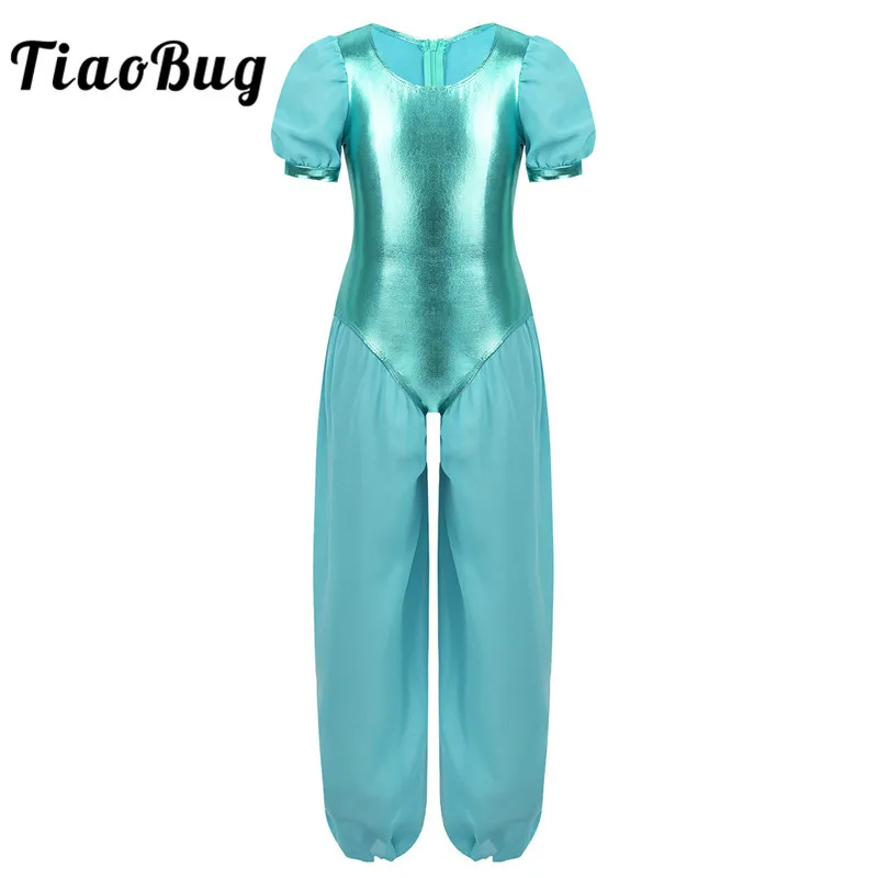 

TiaoBug Puff Sleeves Metallic Chiffon Splice Girls Jumpsuit Ballet Gymnastics Leotard Kids Princess Dress Lyrical Dance Costumes