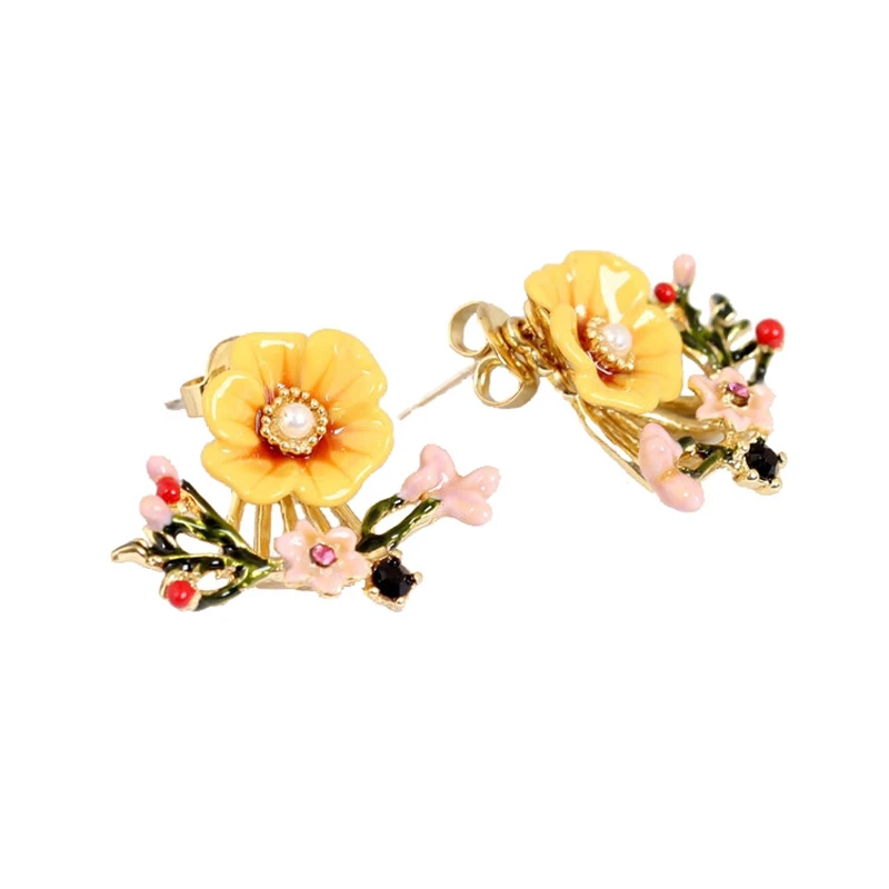 

Romantic Yellow Pink Flower Branch Stud Earrings for Women Hand Painted Enamel Small Detachable Earrings Fashion Jewelry EH007