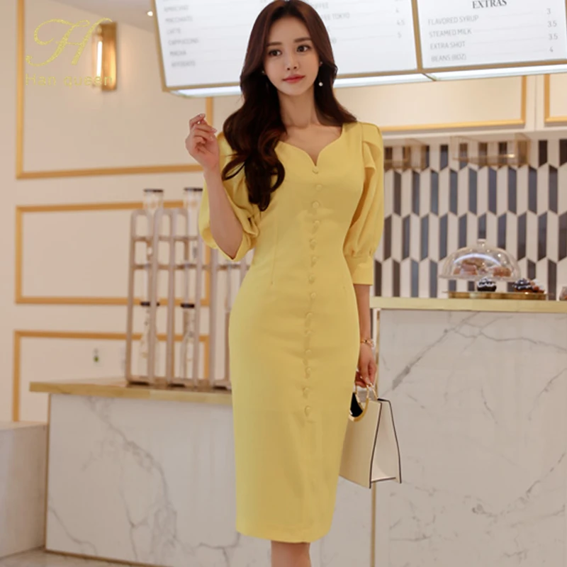H Han Queen 2021 Spring Sexy Sheath Pencil Dress Korean V neck Single ...