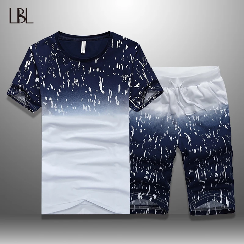 Tracksuit Man Set Short-Sets T-Shirts Mens Casual New-Fashion Gradient LBL Color Print