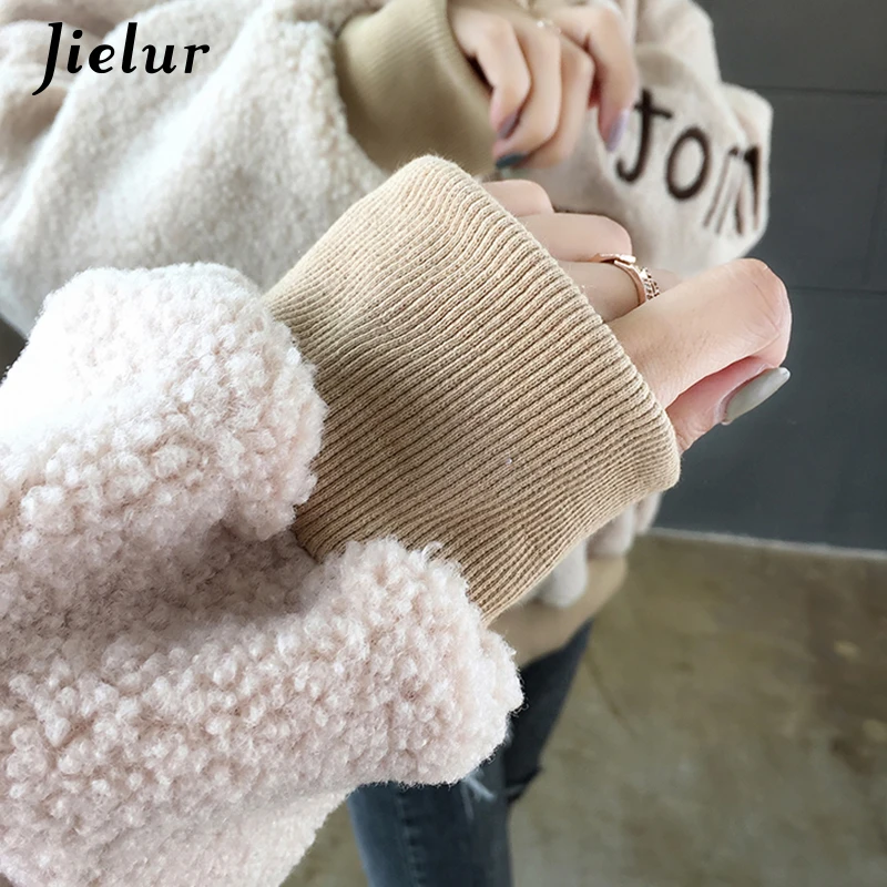 Jielur, толстая овечья шерсть, Женская толстовка, зимняя с капюшоном, теплые толстовки, корейские свободные пуловеры цвета хаки с вышитыми буквами, женские S-XL