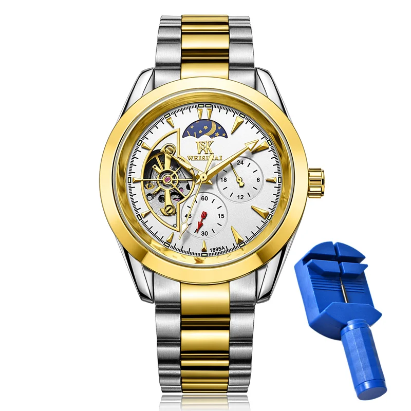 Automatic Mechanical Watches for Men Fashion Tourbillon Moon Phase Luminous Hands Stainless Steel Wristband Male Clock Gift 795 