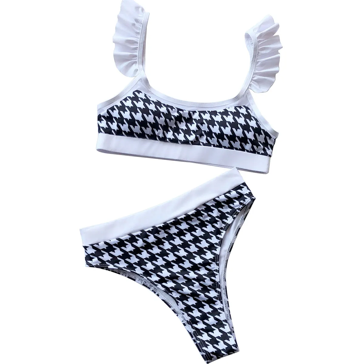 Ladies Summer Sexy Houndstooth Swimsuit Bikini Adults Ruffle Shoulder Plaid Printing Split Bikini Set Swimwear Beachwear Ladies Summer Sexy Houndstooth Swimsuit Bikini Adults Ruffle Shoulder Plaid Printing Split Bikini Set Swimwear Beachwear