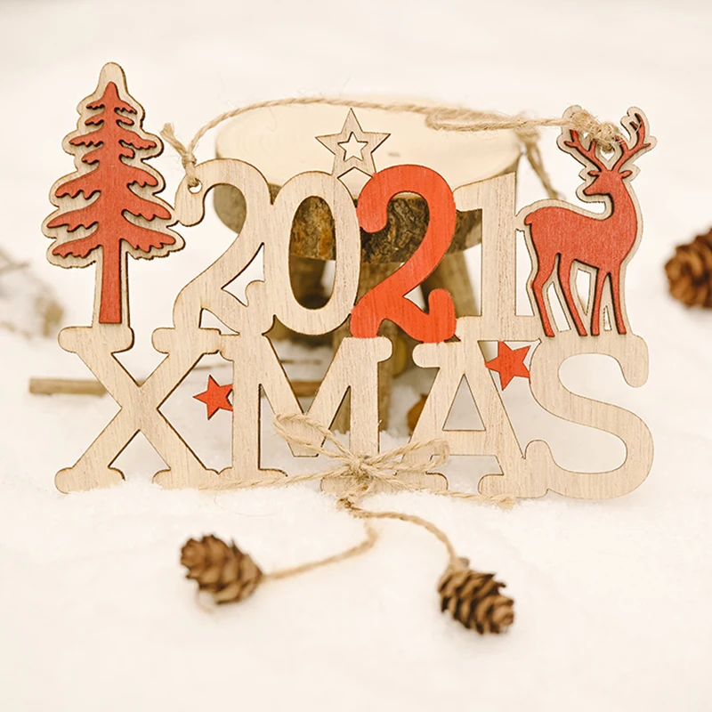 Надпись Merry Christmas 2021 рождественское лось дерево деревянная вывеска круглое елка