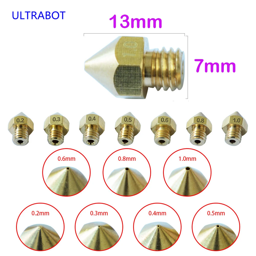 

ULTRABOT 10pcs/lot 7 Size Copper Nozzle for 3D Printer Parts Extruder Print Head With 0.2 0.3 0.4 0.5 0.6 0.8 1.0mm Hole