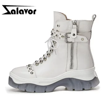 

ZALAVOR Luxury Ankle Boots Women Genuine Leather Side Zipper Rivets Thick Sole Shoes Cross Strap Women Footwear Size 34-39