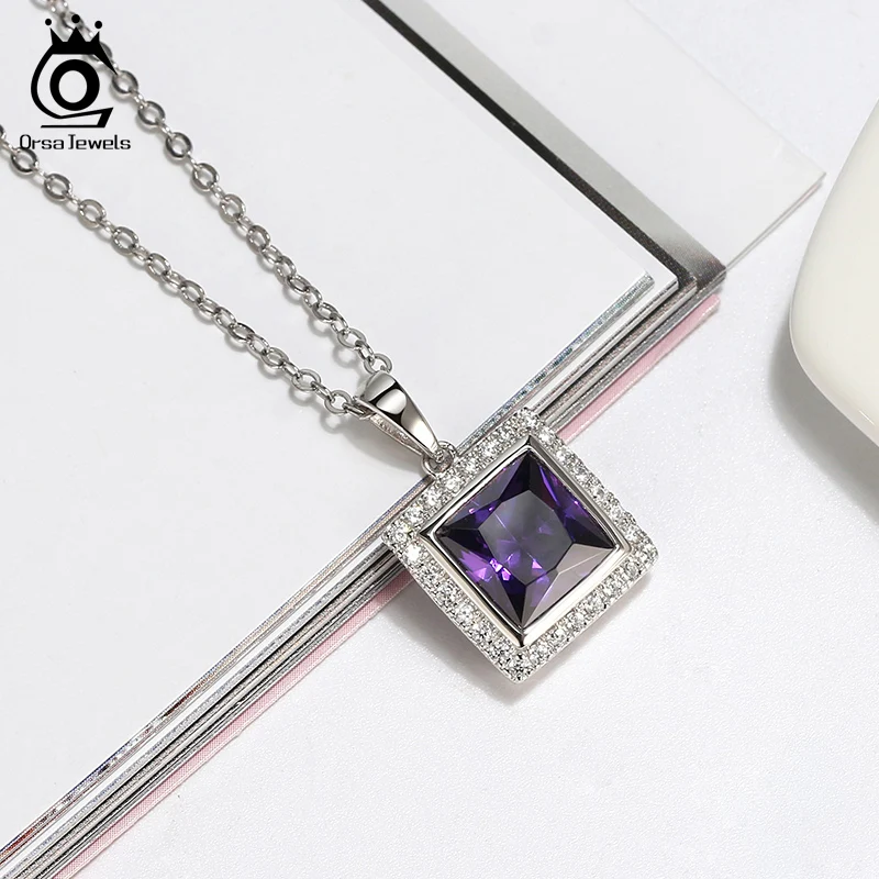 ORSA JEWELS Настоящее серебро фиолетовый кулон ожерелье высшего класса квадратной огранки циркон чистый 925 ожерелье вечерние ювелирные изделия класса люкс SN205